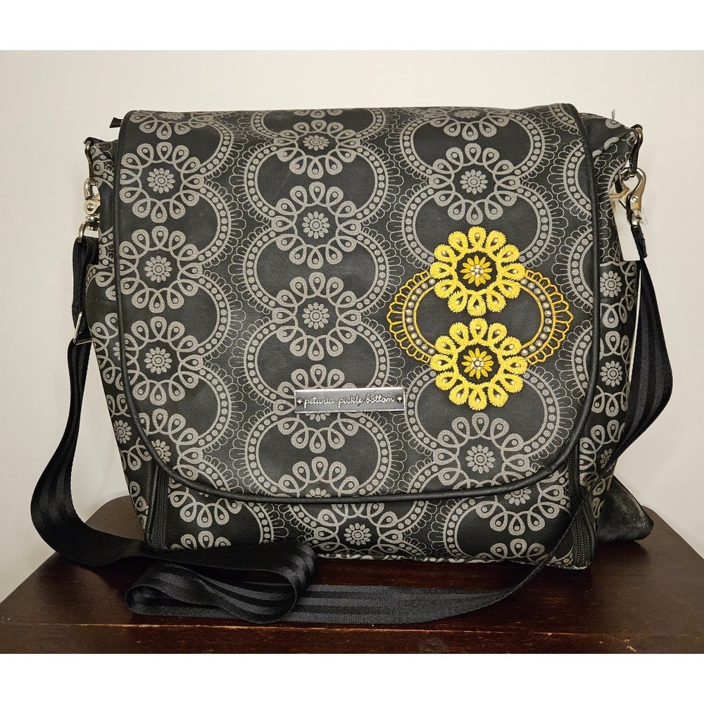 Petunia Pickle Bottom Diaper Bag Backpack Gray & Black Flora with Yellow Flower